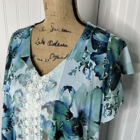 One World Floral Watercolor Top Sz XL Flutter Sleeve Shark Bite Lace Boho Fairy - Picture 2 of 11
